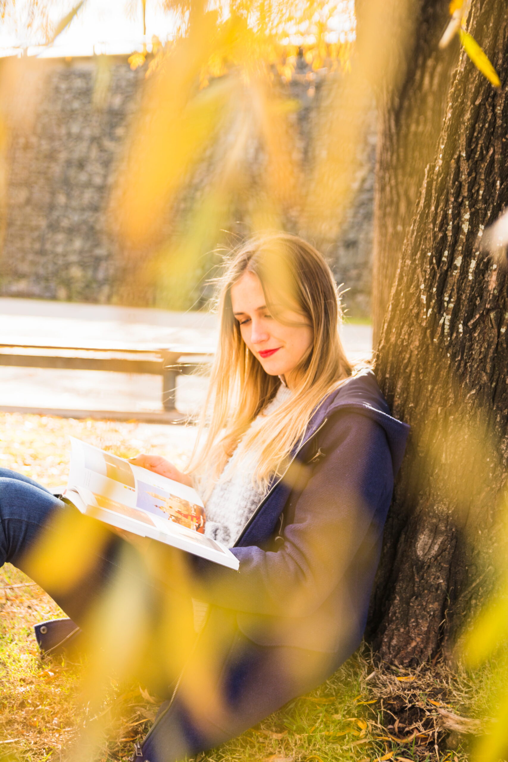 young-female-reading-book-reclining-autumn-tree